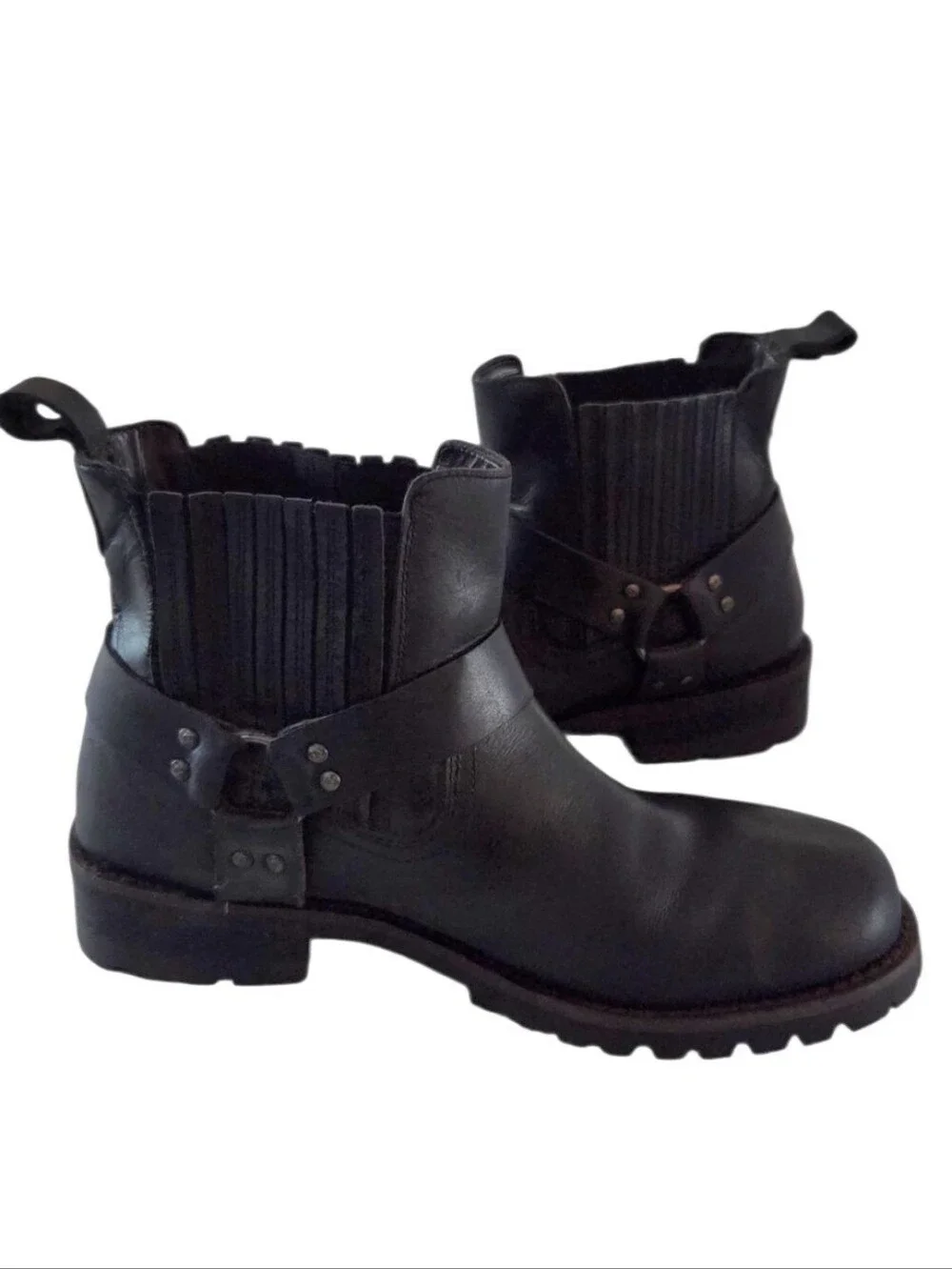 GBX Mens Black Leather Harness Chelsea Ankle Boots Size 10 Lug Sole Moto